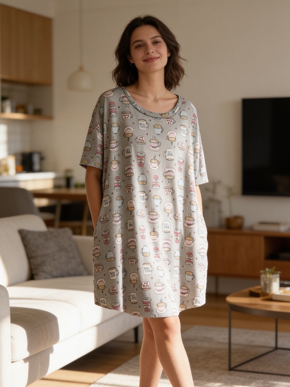Secret Treasures | Women's Grey Printed Sleep Tee - Cozy Cup Motif | 2X